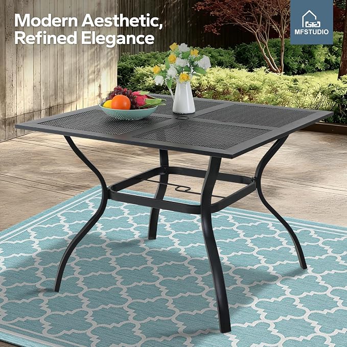 MFSTUDIO 37" x 37" Square Outdoor Dining Table Patio Bistro Table Powder-Coated Steel Frame Top Umbrella Stand Deck Outdoor Furniture Garden Table, Black