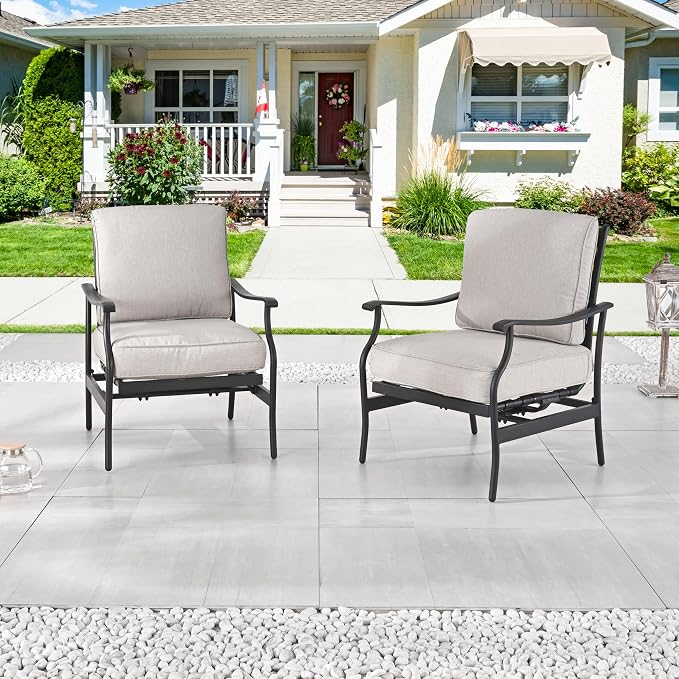 LOKATSE Home C-Spring Patio Chairs Set of 2, Outdoor Metal Motion Conversation Chairs with Gentle Bounce, 5.1" Extra Thick Blue Cushions Deep Seating Furniture for Deck & Porch