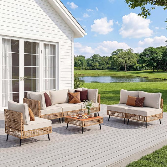 LAUSAINT HOME Outdoor 7 Pieces PE Wicker Patio Conversation Set, All-Weather Rattan Sectional Sofa with Thick Cushions & Coffee Table for Garden, Yard and Balcony (Beige)