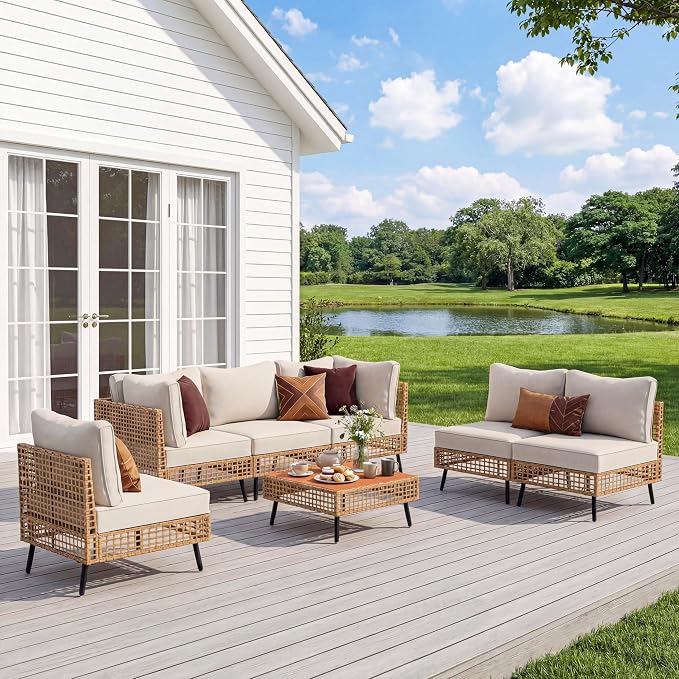 LAUSAINT HOME 7 Pieces Outdoor Sectional Sofa Set, All-Weather PE Wicker Rattan Patio Conversation Set with Thick Cushions & Coffee Table, Patio Furniture Set for Garden, Backyard, Porch (Beige)