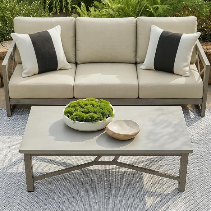 PEAK HOME FURNISHINGS Outdoor Rectangular Coffee Table with Aluminum-Honeycomb Composite Concrete Table Top