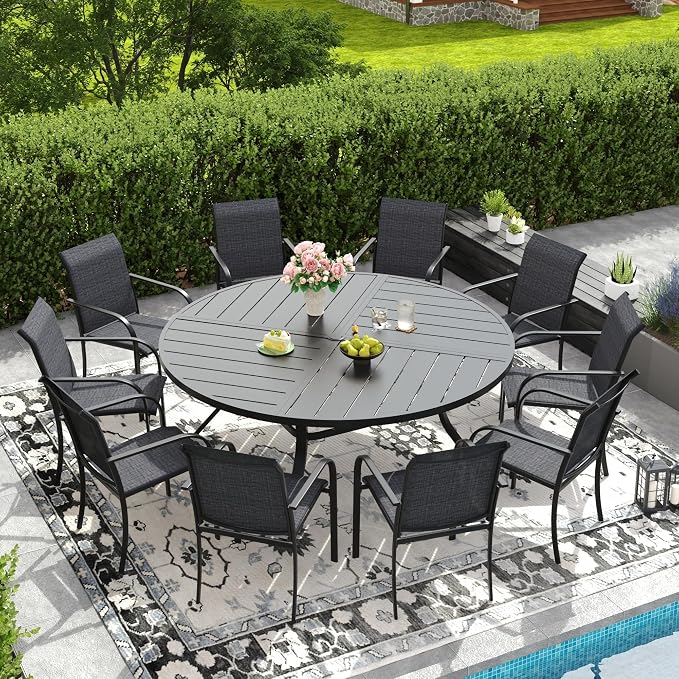 DIFY 11 Pieces Outdoor Patio Dining Set for 10, 63" Black Round Metal Patio Table and 10 Grey Stackable Textilene Patio Chairs, Outdoor Table and Chairs for Backyard Garden Poolside