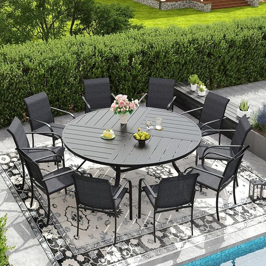 DIFY 11 Pieces Outdoor Patio Dining Set for 10, 63" Black Round Metal Patio Table and 10 Grey Stackable Textilene Patio Chairs, Outdoor Table and Chairs for Backyard Garden Poolside