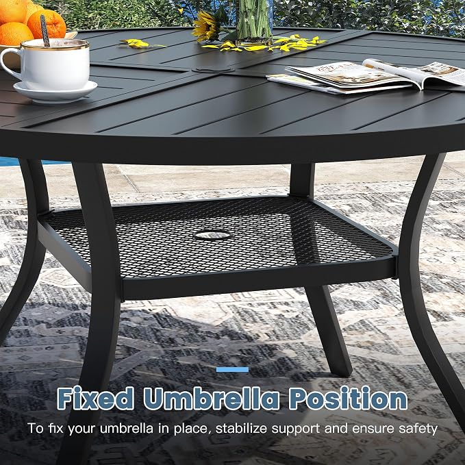 DIFY 40.6" Round Outdoor Patio Dining Table for 4, Metal Patio Table with 1.57" Adjustable Umbrella Hole, All-Weather Outdoor Furniture Table for Garden Backyard Deck, Black