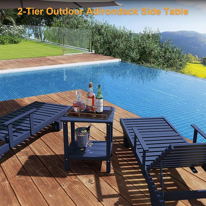 Outdoor Side Table, Small Square Patio Side Table with Adjustable Feet, All-Weather HDPE Adirondack End Tables for Porch Deck Balcony Pool, 2-Tier Storage, Easy Maintenance, Navy Blue