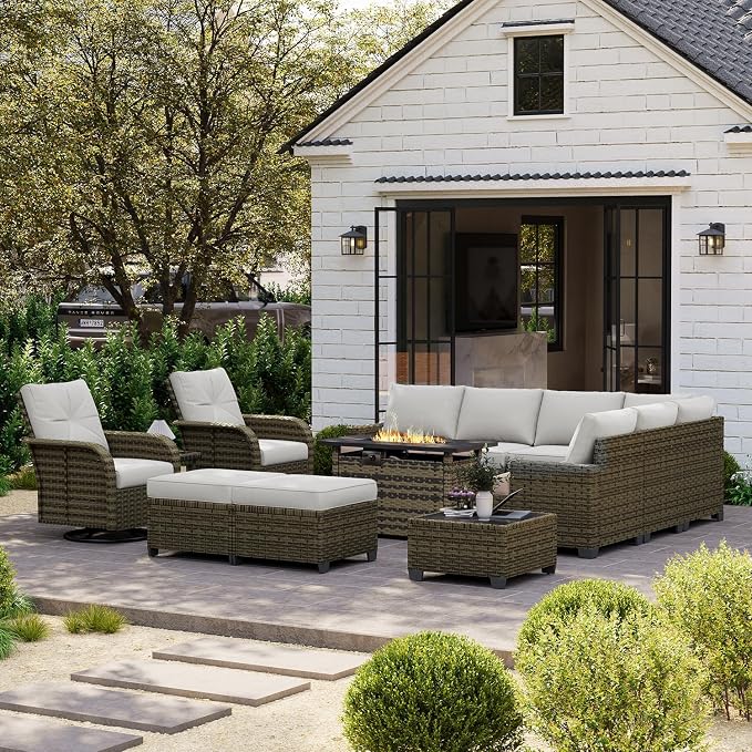 LET'S PATIO Luxury Patio Furniture Set with Fire Pit Table, 13 Piece Outdoor Furniture Set with Swivel Rocker Chairs & Ottomans, All-Weather Patio Sectional Sofas with Thickened Cushions, Grey