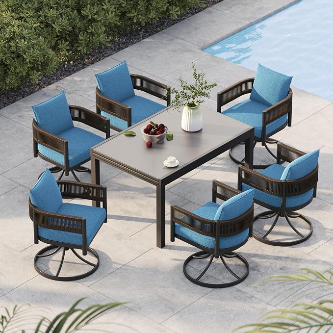 Grand patio 9-Piece Expandable Table Dining Set for 6 to 10, Aluminum Outdoor Dining Table with Glass Tabletop, Metal Woven Wicker Swivel Patio Chairs with Cushions for Yard, Poolside, Deck (Brown)