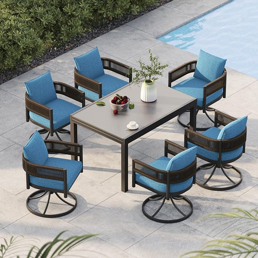 Grand patio 5-Piece Expandable Table Dining Set for 6 to 10, Aluminum Outdoor Dining Table with Glass Tabletop, Metal Woven Wicker Swivel Patio Chairs with Cushions for Yard, Poolside, Deck (Brown)