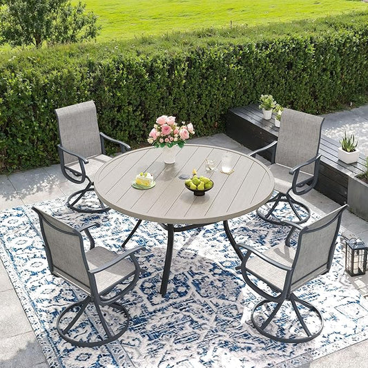 DIFY Outdoor Dining Set for 4, 5 Piece Patio Table and Chairs Set, Swivel Patio Chairs with Grey Textilene & 47.2" Grey Wood-Like Round Metal Dining Table with Umbrella Hole, for Garden Backyard Deck