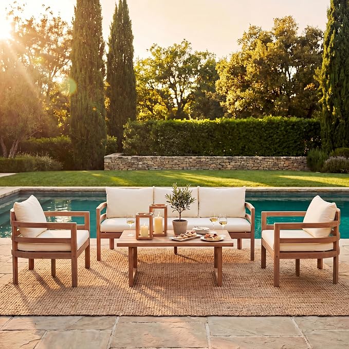 Christopher Knight Home Alger 5-Seater Patio Furniture Set with Removable Cushion, 4 Piece Outdoor Acacia Wood Conversation Set, Wooden Outdoor Sectional Sofa Set with Coffee Table, Light Teak+Beige