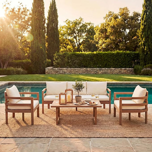 Christopher Knight Home Alger 5-Seater Patio Furniture Set with Removable Cushion, 4 Piece Outdoor Acacia Wood Conversation Set, Wooden Outdoor Sectional Sofa Set with Coffee Table, Light Teak+Beige