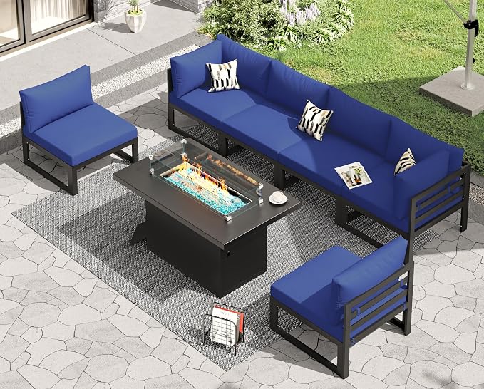 RADIATA 6 Seat L-Shaped Oversized Modern Aluminum Patio Furniture Set, All Weather Modular Sectional Sofa with Fire Pit Table, 500 lbs Heavy Duty Comfortable Outdoor Couch for Backyard Deck, Navy Blue