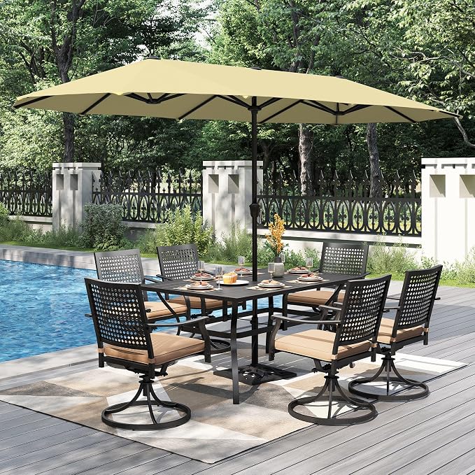 PHI VILLA Outdoor Table Chairs Set for 6, Patio Metal Furniture w/Umbrella | 60" wrought iron rectangle table & swivel chairs w/ cushions. 13ft beige umbrella. 7 pcs furniture set for deck, porch