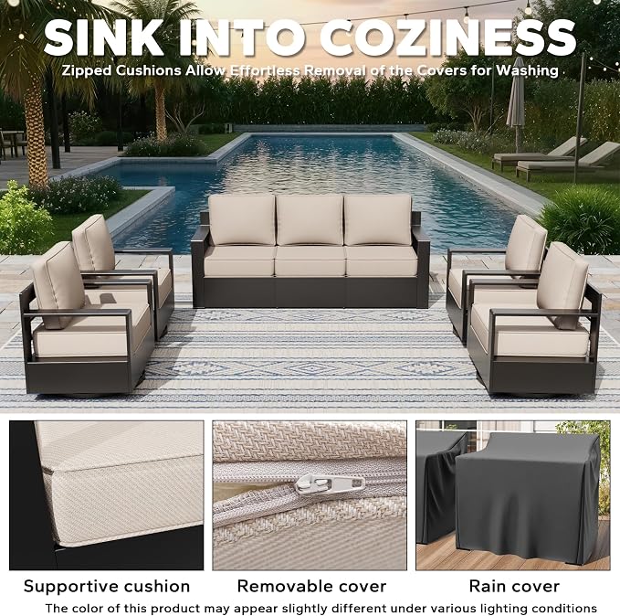 Aluminum Outdoor Conversation Furniture Set - All Weather Patio 79" Sofa with 4 Swivel Rocker Chairs, 6" Water-Resistant Cushions & Furniture Covers & Metal Armrest for Backyard (Beige)