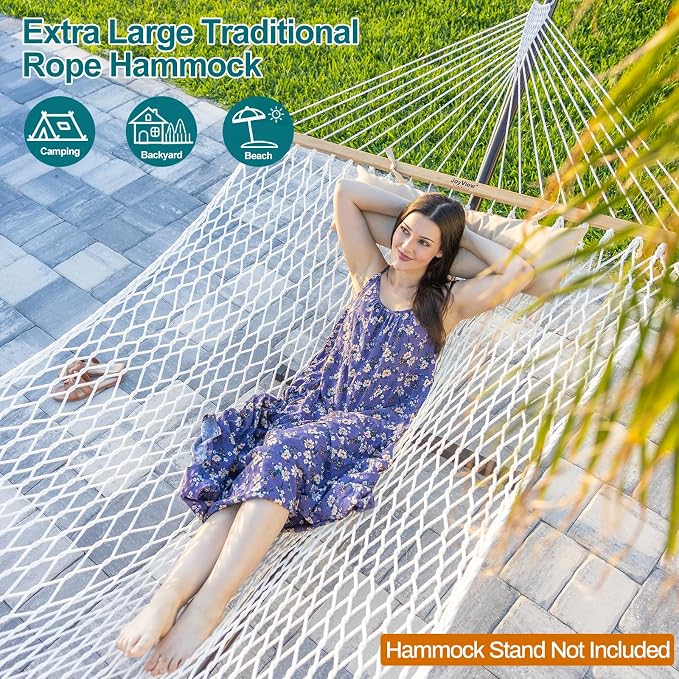 JoyView Traditional Rope Double Hammock - Hand Woven Cotton Hammock with Hardwood Spreader Bar and Pillow 450lb Capacity for Outdoor Indoor Patio Yard - Blue