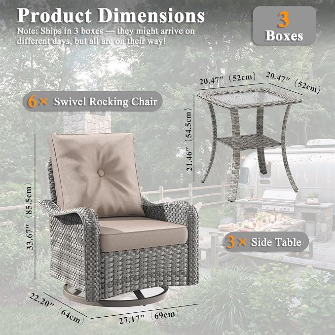 9 Piece Wicker Patio Furniture Set, Swivel Rocking Chairs with 4''Cushions, PE Rattan, Rust Resistant Frame, Double Layer Glass Side Table, for Backyard, Deck or Balcony, Beige