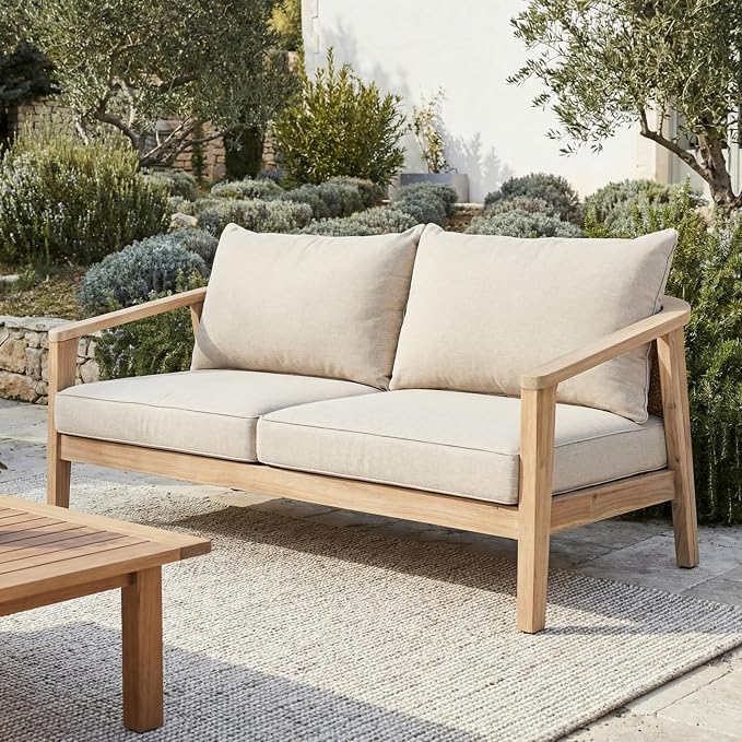 Merax Outdoor Wood and Wicker Loveseat, Light White Finish with Beige Cushion, Acacia Wood 2-Seater Patio Garden Sofa