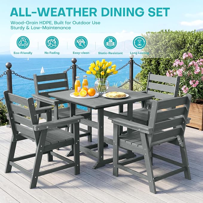5 Piece Patio Dining Set, HDPE All-Weather Furniture with 4 Chairs & 1 Square Table, for Backyard, Garden, Garden, Gray