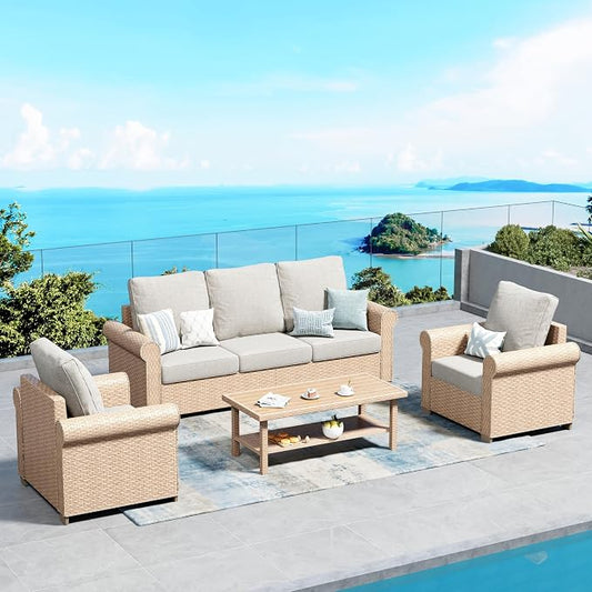 SUNSHINE VALLEY Patio Furniture Set 4 pcs, Wicker Rattan Sofa with 5.5” Thick Waterproof Cushions, 2 Chairs and Coffee Table, All Weather Outdoor Conversation Set for Backyard Deck, 5 Seats Beige