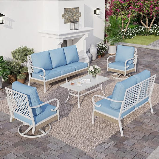 SUNSHINE VALLEY 6 Piece Metal Outdoor Patio Furniture Set, Patio Conversations Sets 3-Seater Sofa, 2-Seater Sofa, 2 Swivel Chair with 5.75" Thick Cushion & Coffee Table White Backyard Furniture, Blue