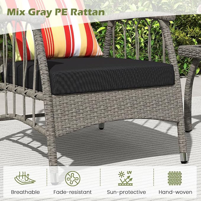 Tangkula 3 Pieces Patio Wicker Furniture Set, 5-Level Adjustable Backrest Cushioned Outdoor Conversation Bistro Chairs and Coffee Table Set, for Lawn, Garden, Poolside and Balcony (Mix Grey)