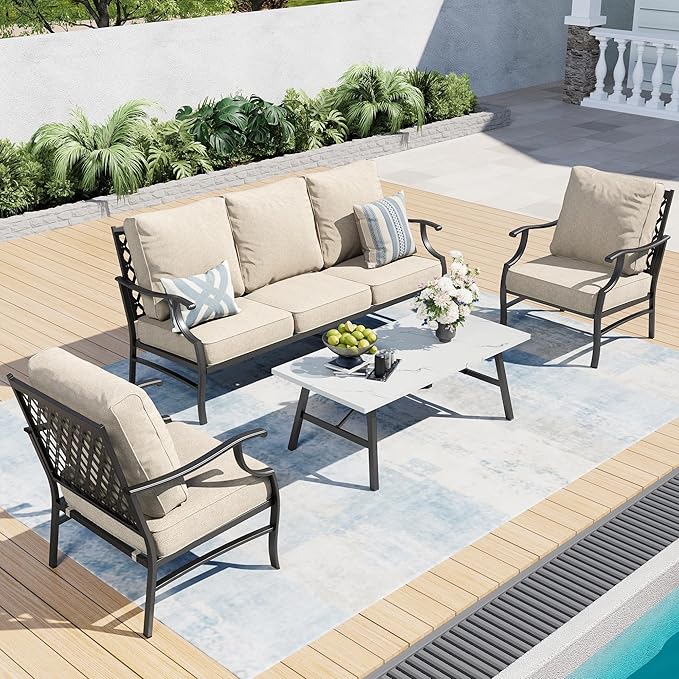 SUNSHINE VALLEY Patio Furniture Set, 4 Piece Modern Metal Outdoor Patio Furniture, 3 Seater Couch, 2 Fixed Chairs, Coffee Table and 5.75" Extra Thick Cushion, Patio Conversation Set for Backyard Deck