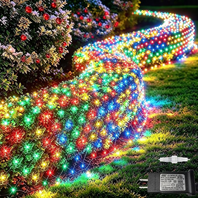 Pooqla Colorful Net Lights, 34.5X 5ft Christmas Lights Outdoor Clear Wire | 610 LED Large Net Mesh Lights Plug in, 8 Modes Waterproof Connectable Multicolor Bushes Lights for Christmas Hedge Yard Decor