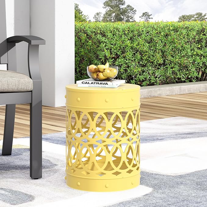 Outdoor Metal End Table Large, White Iron Side Table with Geometric Cut Design, Round Patio Accent Table No Assembly Required, Weather Resistant for Garden Balcony Porch (Yellow)