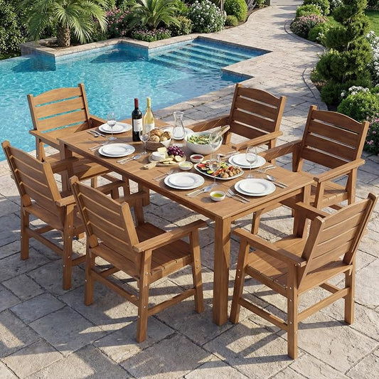 YEFU 7-Piece Patio Dining Sets: All-Weather Outdoor Table and Chairs with Umbrella Hole & Aluminum Frame - HIPS Modern Outside Furniture Plastic Patio Dining Set for 6 for Family Meals in Deck Teak