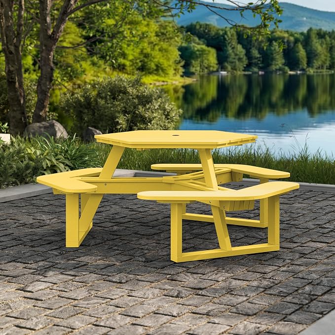 Shoreline Made in USA Hexagon Picnic Table, Seating for 6, Sunbeam Yellow