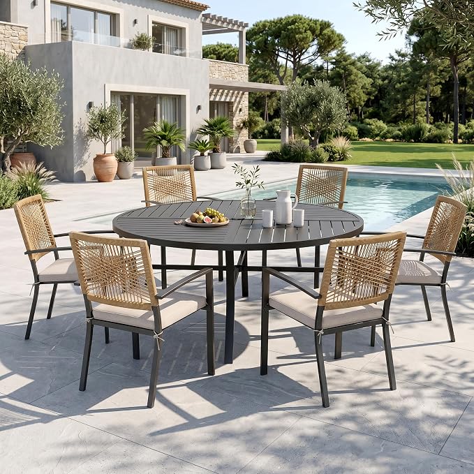 Sophia & William 7pc Patio Dining Set, 54" Round Table, Wicker Chairs | Outdoor Dining Set for 6, Round Patio Dining Table Set with Patio Wicker Chairs for Garden, Porch, Deck