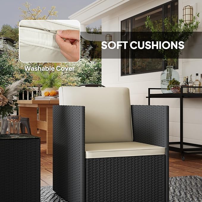 Outsunny 3 Piece Patio Furniture Set, Folding Outdoor Wicker Bistro Set with Washable Cushions, Adjustable Feet, and Glass Coffee Table, Easy Assembly for Garden, Balcony, Poolside, Backyard, Black