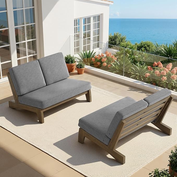 All Weather Wood Patio Furniture Sets, 3 Pieces Patio Loveseat Sofa Outdoor Sectional Futniture Backyard Conversation Set with Solid Wooden Coffee Table - Grey