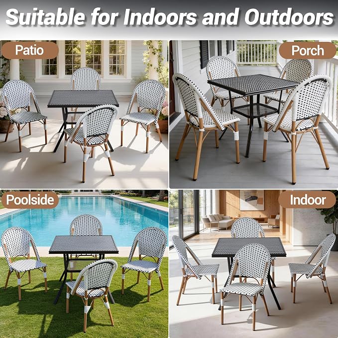 5-Piece Patio Dining Set, Outdoor French Country Bistro Table and Chairs, All-Weather Wicker Square Table & 4 Chairs w/Metal Frame, for Backyard Balcony, Black/White