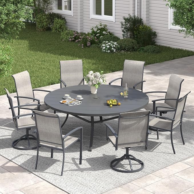 VICLLAX 9 Pieces Patio Dining Set for 8, 60" Round Outdoor Table and Chairs (4 Patio Fixed Chairs and 4 Swivel Chairs) for Deck Garden, Dark Grey