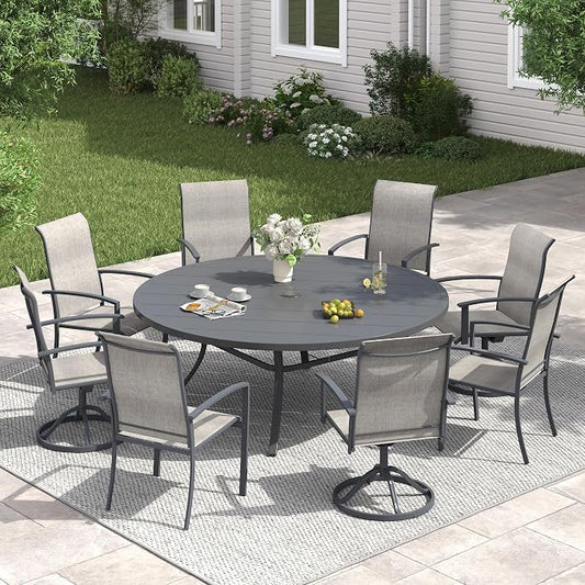 VICLLAX 9 Pieces Patio Dining Set for 8, 60" Round Outdoor Table and Chairs (4 Patio Fixed Chairs and 4 Swivel Chairs) for Deck Garden, Dark Grey