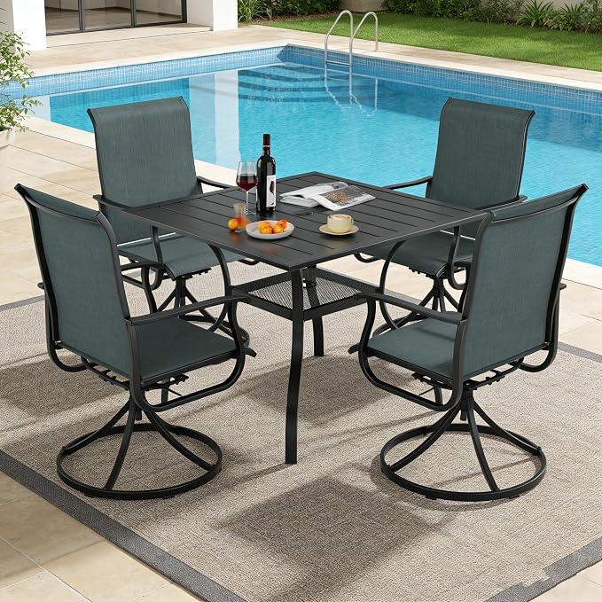 SUNCROWN 5-Piece Outdoor Patio Dining Set, All Weather Square Metal Table & 4 Dark Gray Swivel Textilene Mesh Chairs, Weather Resistant Patio Furniture for Deck Lawn Garden Backyard Poolside