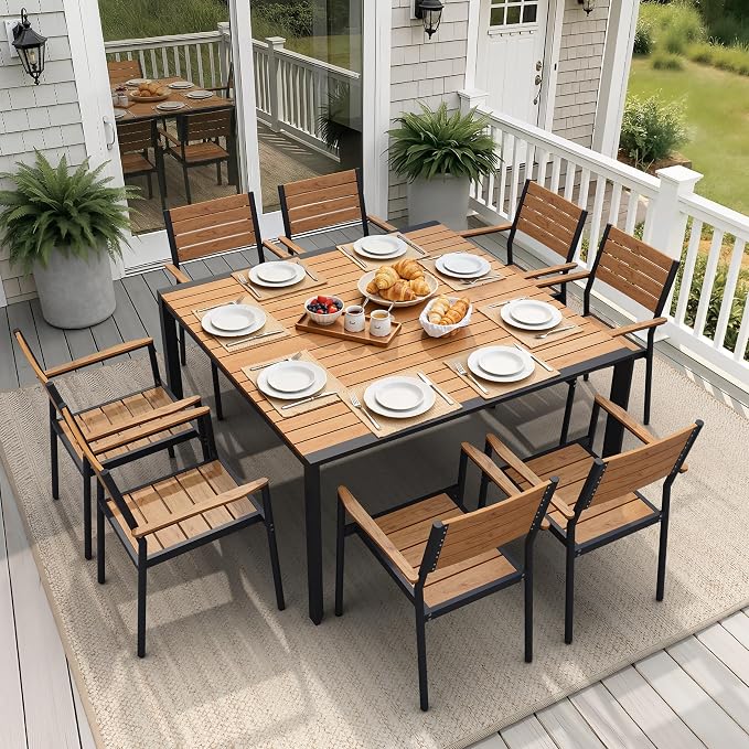 9-Piece Outdoor Dining Set, 56" Square Table and Stackable Arm Chairs | Aluminum Frame Umbrella Hole and All-Weather Wood Grain Patio Furniture for 8 for Garden, Patio, Backyard, Brown
