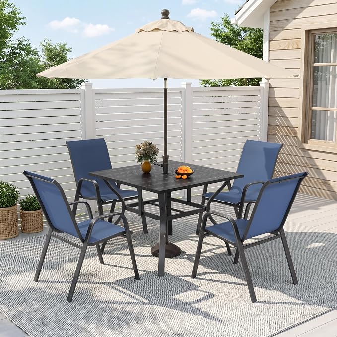 Outdoor Dining Set for 4, Patio Metal Table and Chairs Set with 1.97'' Umbrella Hole, 5pcs Patio Furniture Set 37.8”x37.8” Dining Table Set with Stackable Chairs for Backyard Pool Deck