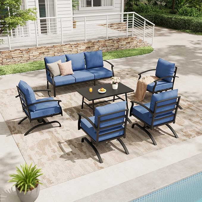 Metal Patio Furniture Set,6 Pieces 7 Seats Patio Sectional Outdoor Furniture Set with Rectangular Coffee Table,Patio Conversation Sets with 5.1" Thickened Cushions,Navy Blue