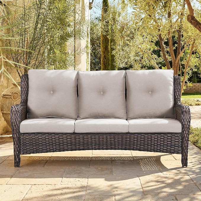 Belord Patio Sofa Luxury PE Wicker 3-Seater Outdoor Couch, Modern All-Weather High Back Deep Seat Woven Furniture Set for Porch, Deck, Balcony, Backyard - Brown/Beige
