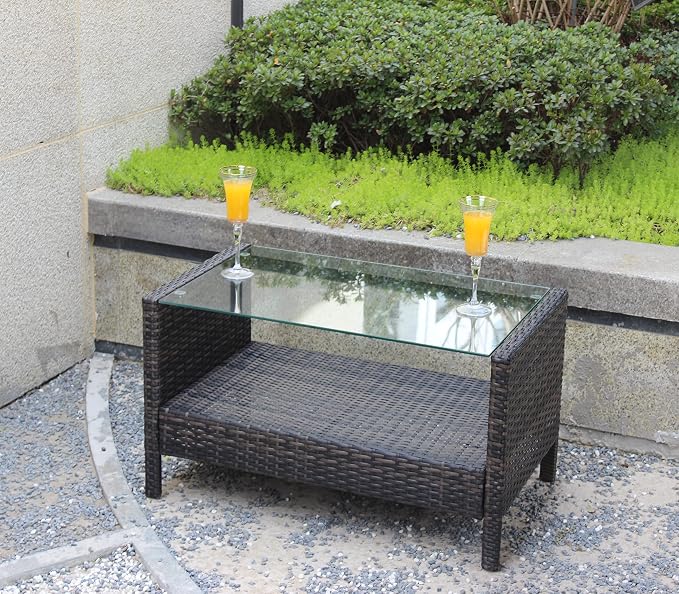 34.6" Patio Side Table, Large Rectangle Outdoor Coffee Table with Tempered Glass Top, Heavy Duty PE Rattan Wicker End Table, Patio Sofa Table for Backyard Deck Patio