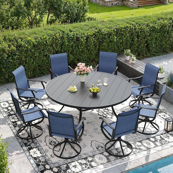 DIFY Outdoor Dining Set for 8, 9 Piece Patio Table and Chairs Set, Swivel Patio Dining Chairs with Blue Textilene & 60" Black Round Metal Dining Table with Umbrella Hole, for Garden Backyard Deck