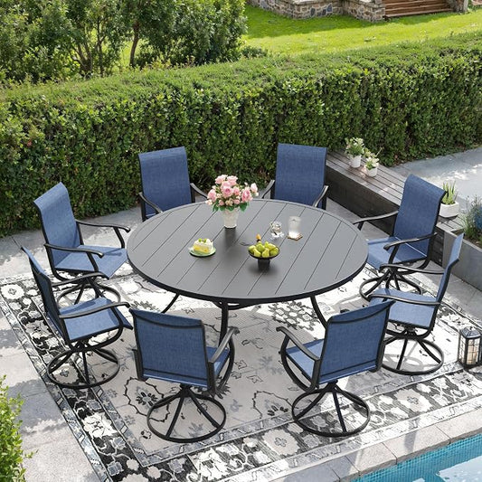 DIFY Outdoor Dining Set for 8, 9 Piece Patio Table and Chairs Set, Swivel Patio Dining Chairs with Blue Textilene & 60" Black Round Metal Dining Table with Umbrella Hole, for Garden Backyard Deck