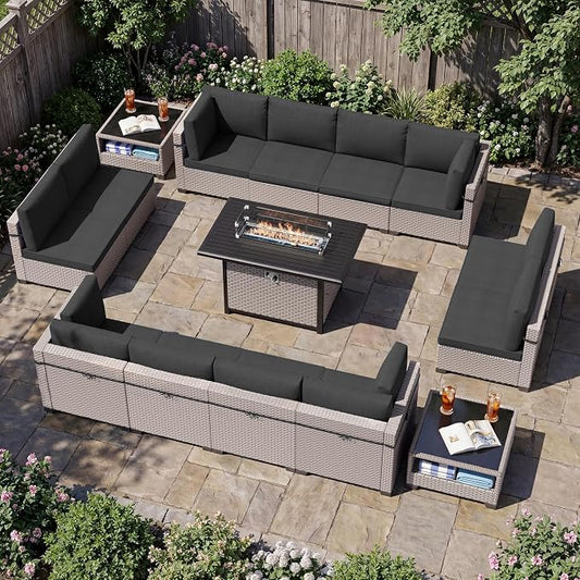 Patio Furniture Set, 15-Piece Outdoor Sectional Sofa with 60,000 BTU Fire Pit Table & 2-Layer Glass Coffee Table, Wicker Patio Conversation Set with Black Cushions