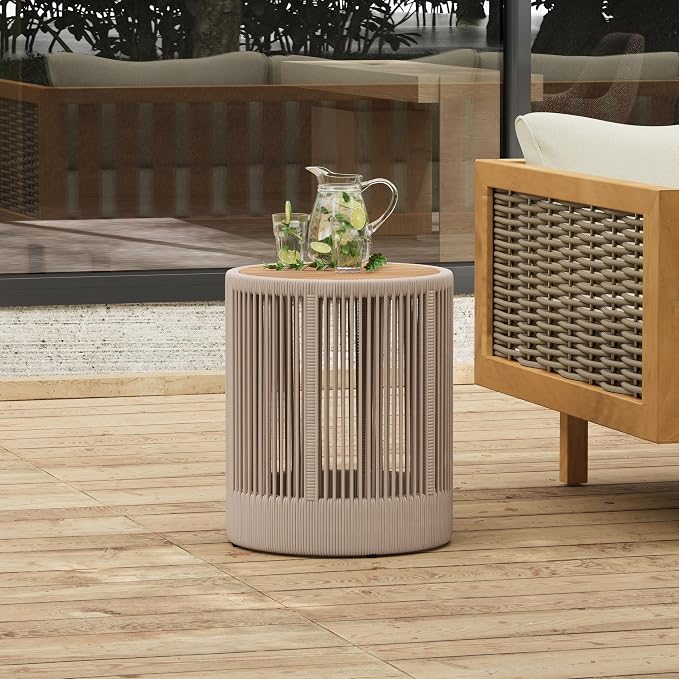 Christopher Knight Home Aueket Rustic Acacia Wood Side Table, 15" Round Farmhouse Outdoor Patio Sofa Side Table, Boho Home Decor, Iron Frame Rope Design, 175 lbs Capacity, Easy Assembly, Teak+ Beige