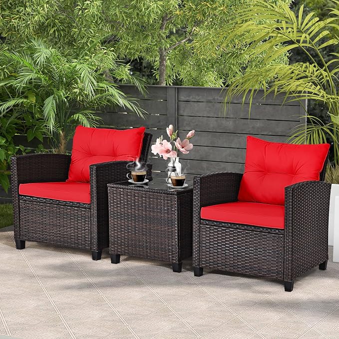 3-Pieces Patio Furniture Set, PE Wicker Chairs Sofa Set with Removable Cushions & Glass Top Side Table, Outdoor Wicker Rattan Conversation Chair for Porch,Backyard, Balcony (Red)