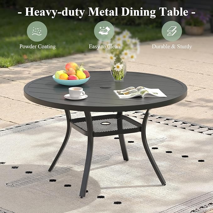Outdoor Dining Set for 4, 40.6" Metal Round Outdoor Dining Table with Umbrella Hole and Sling Patio Swivel Chairs, 5 Pieces Patio Table and Chairs Set for Garden Backyard, Charcoal and Black