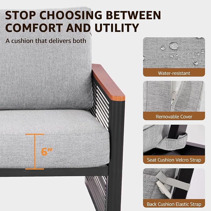 NATURAL EXPRESSIONS Aluminum Patio Loveseat Sofa, Outdoor Couch Furniture with Fauxwood Armrest, 6" Olefin Cushion, Rattan Side-armrest, All-Weather Outside Couch for Porch, Yard, Balcony, Deck