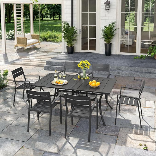 VICLLAX Patio 7 Pieces Outdoor Dining Set for 6, 59" Rectangular Metal Dining Table with Umbrella Hole and Storage Shelf, 6 Stackable Chairs for Lawn, Garden, Porch, Black